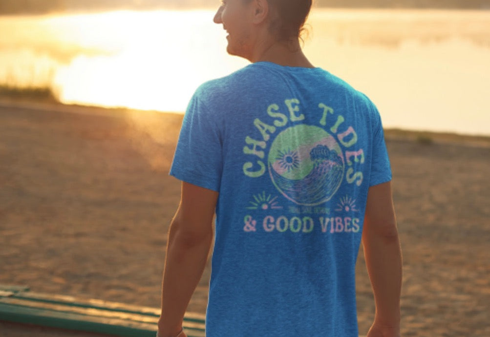 Chase Tides Shirt in Bondi Blue on Beach 